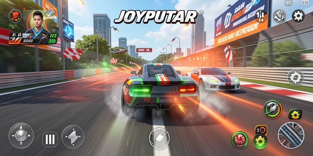 Screenshot gameplay JOYPUTAR yang mendebarkan saat balapan.