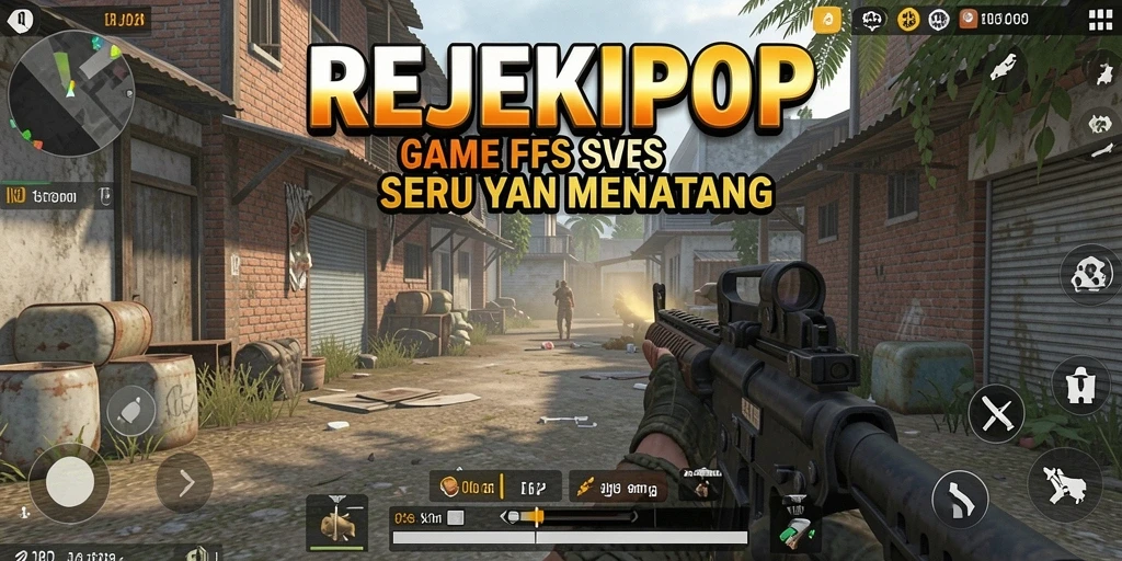 Screenshot gameplay REJEKIPOP yang menunjukkan aksi pertempuran FPS.