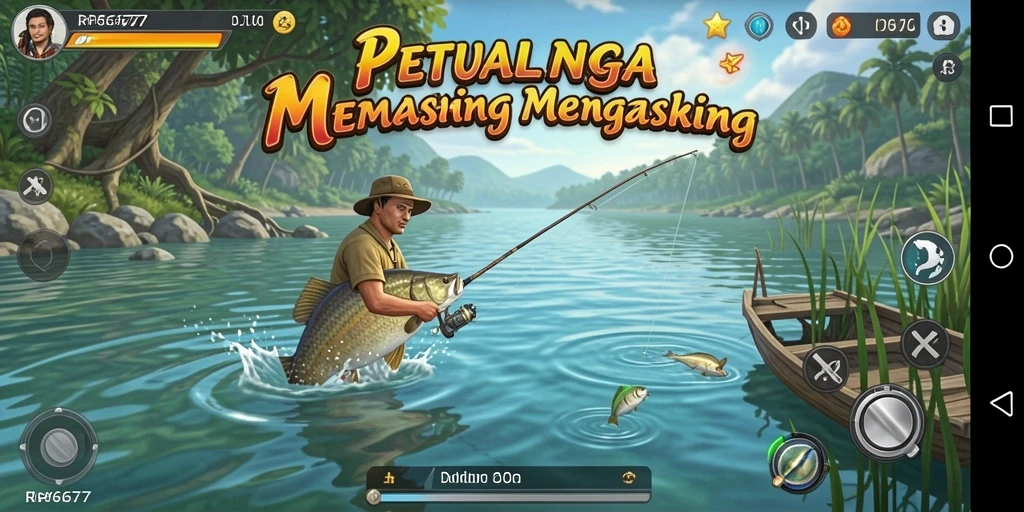 Screenshot dari gameplay RP6677 yang menampilkan aksi memancing yang seru.
