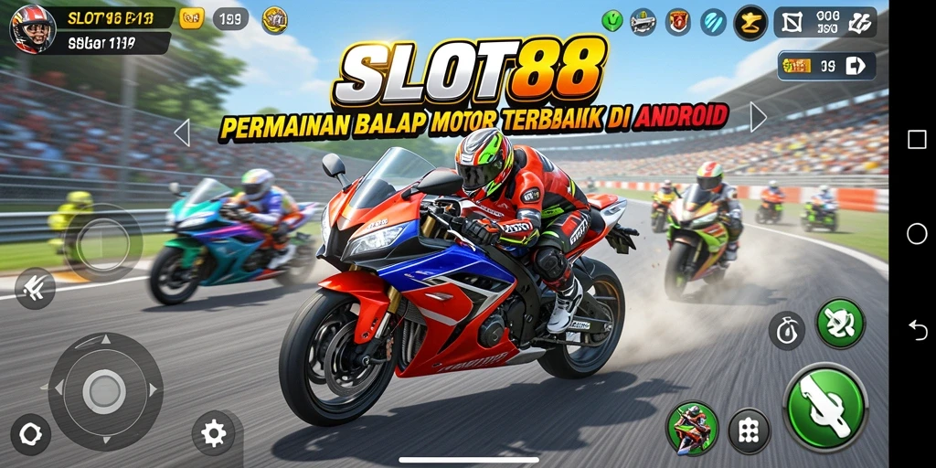 Tampilan gameplay mendebarkan dari SLOT88 dengan balapan motor yang seru.