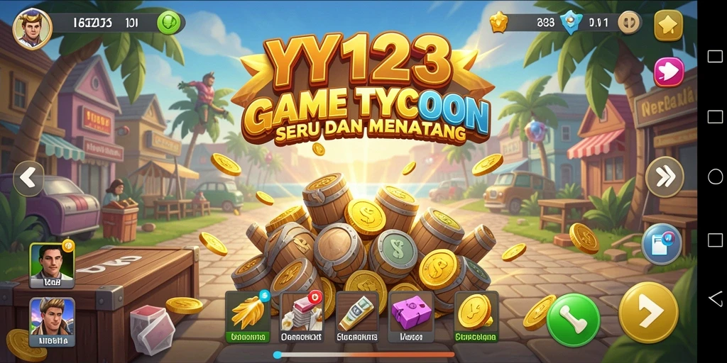 Tampilan utama gameplay YY123 yang menampilkan manajemen bisnis Tycoon.